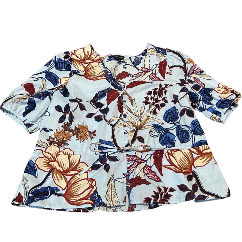 Talbots Floral Peplum Blouse Blue Button Front Drawstring Waist Short Sleeve L